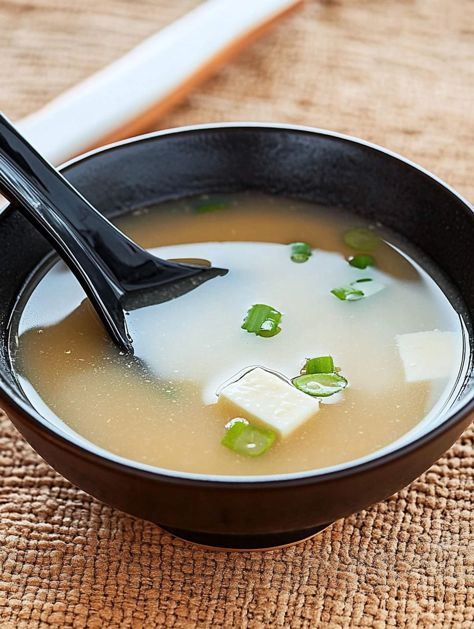 A bowl of soup with a spoon in it.