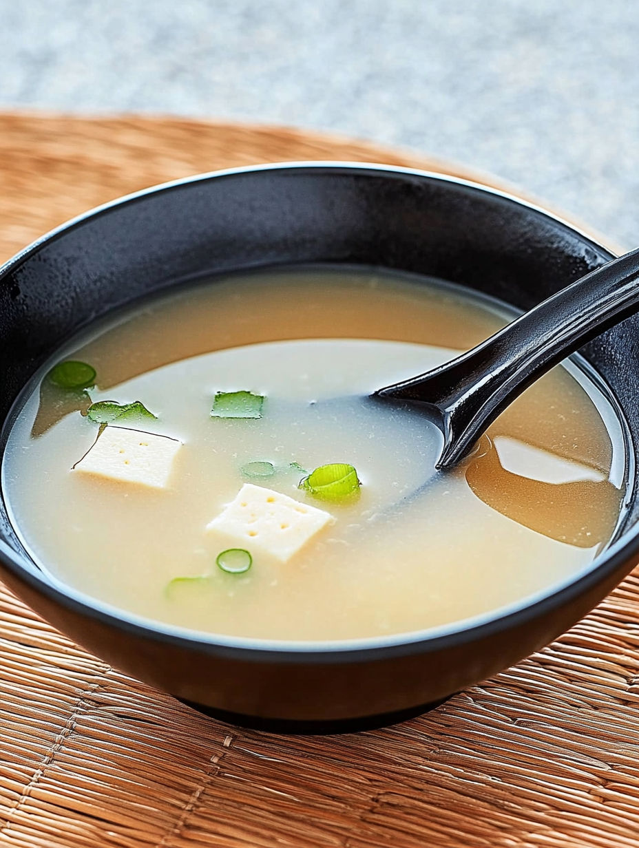 A bowl of soup with a spoon in it.
