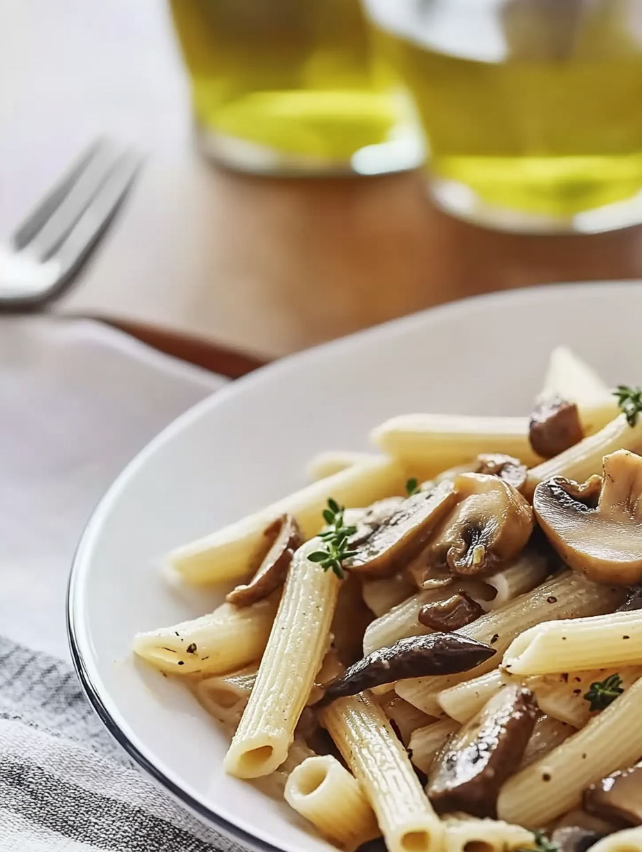 A plate of pasta with mushrooms and herbs.