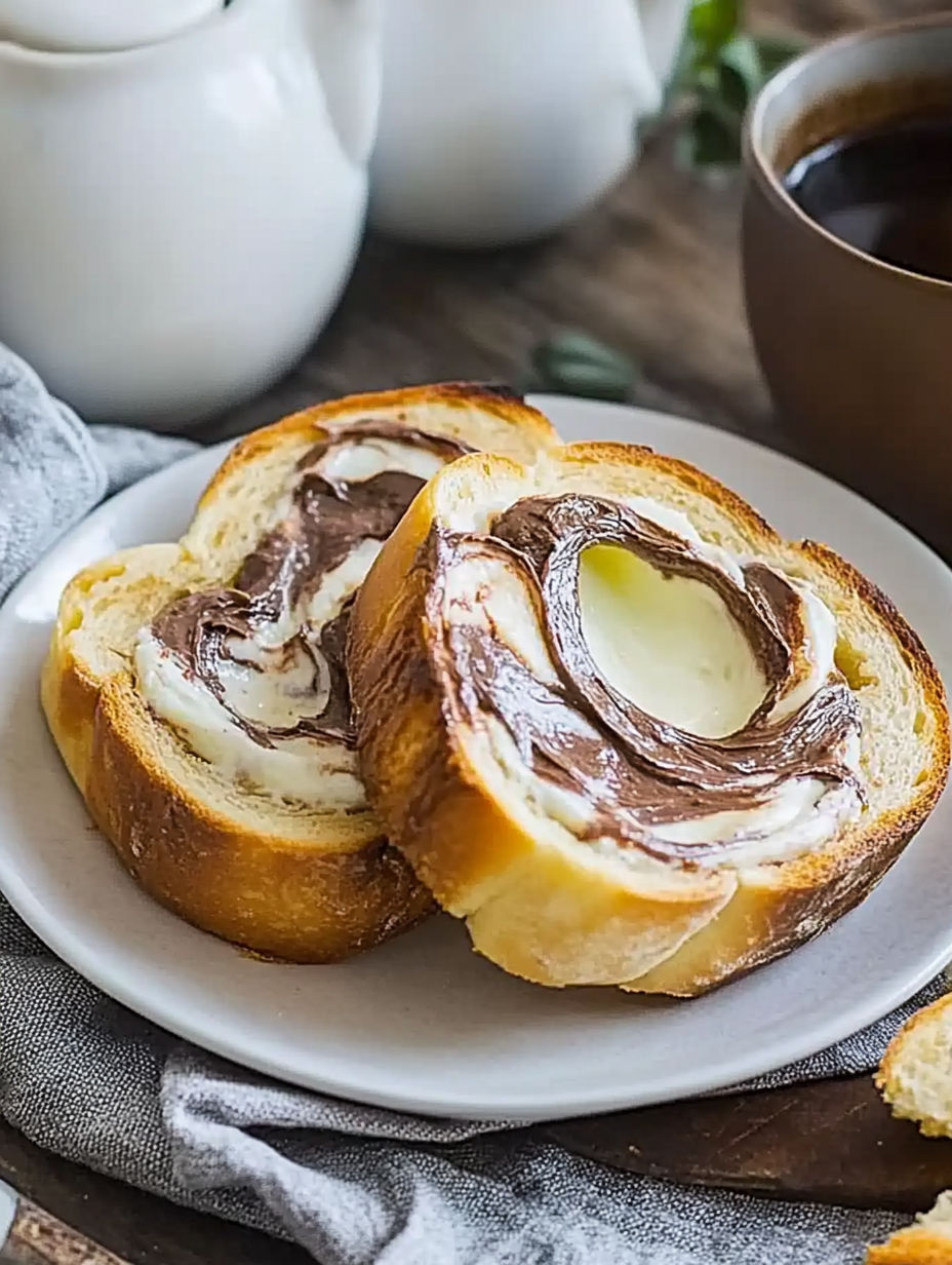 A plate of bread with chocolate spread on it.