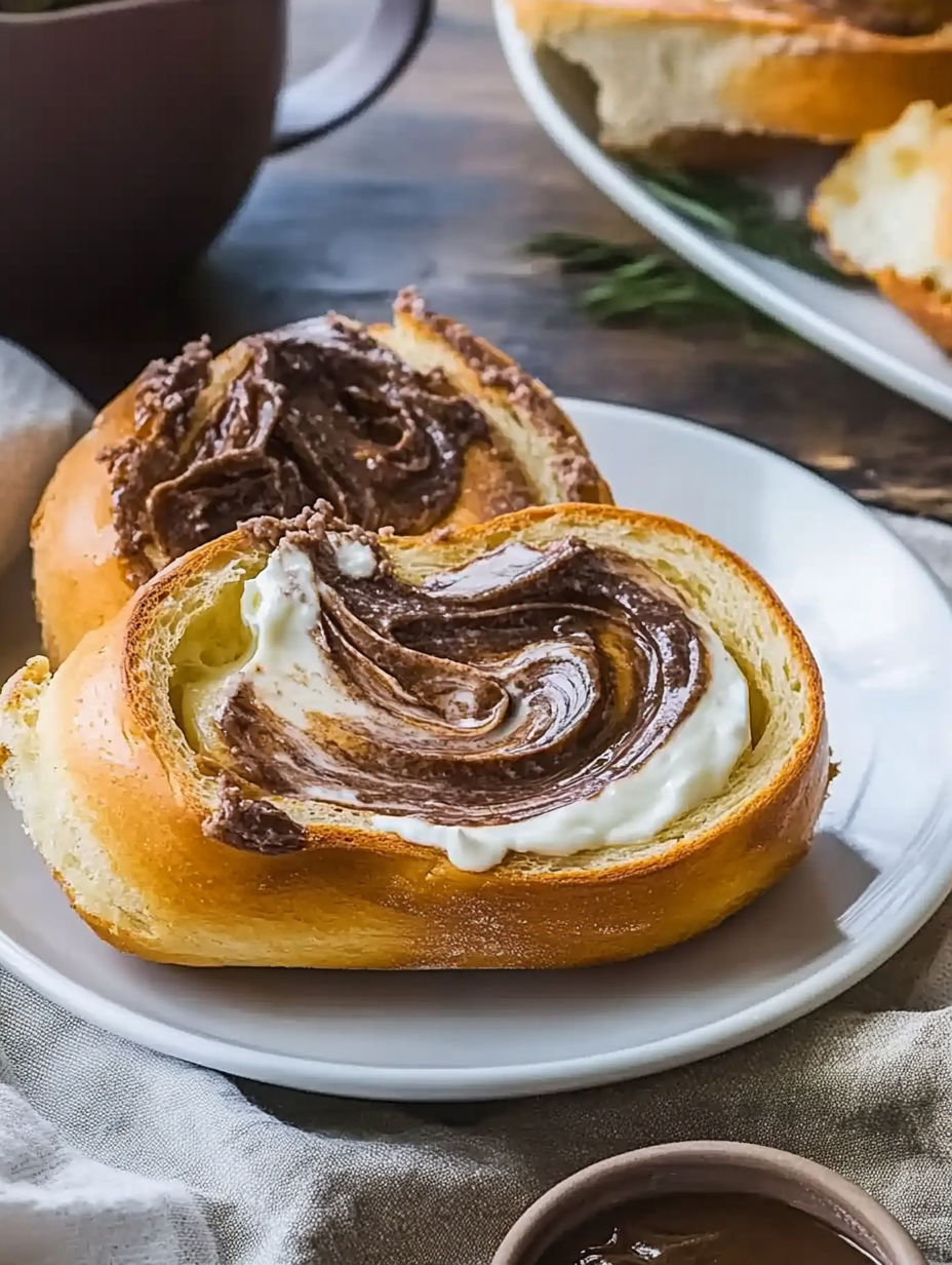 A plate with two rolls of bread with chocolate and white toppings.