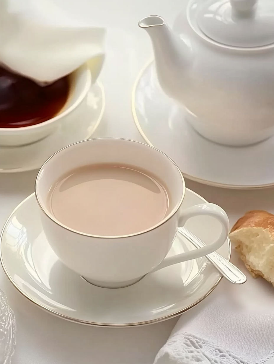 A cup of tea with a biscuit.