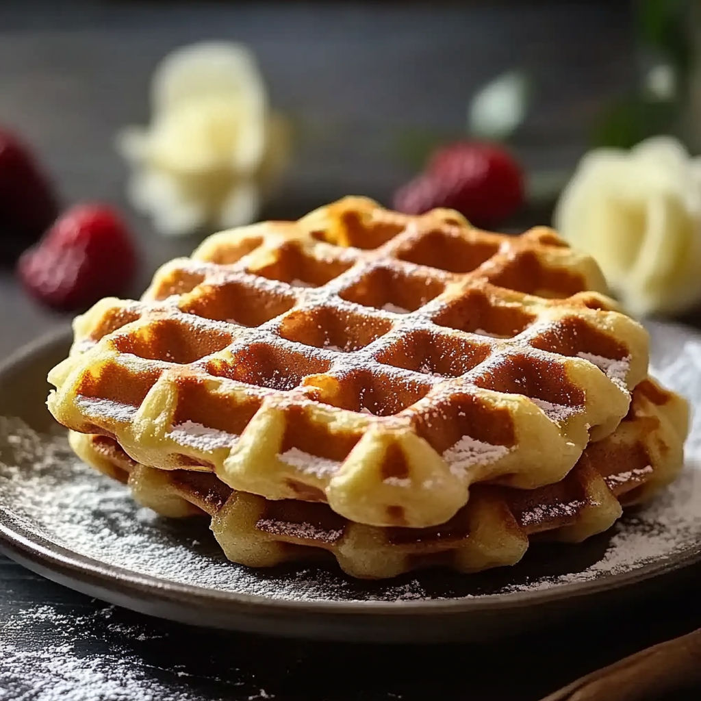 A stack of waffles with powdered sugar on top.