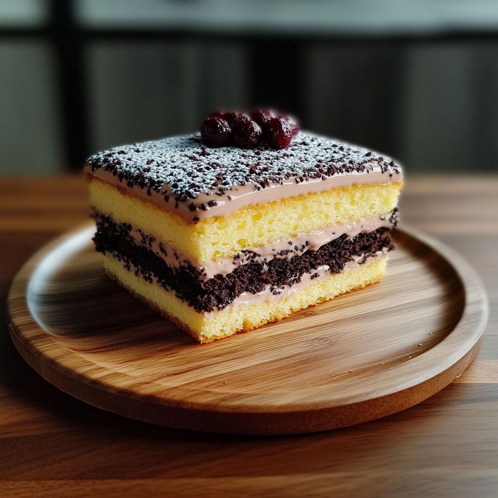 A slice of le napolitain cake.