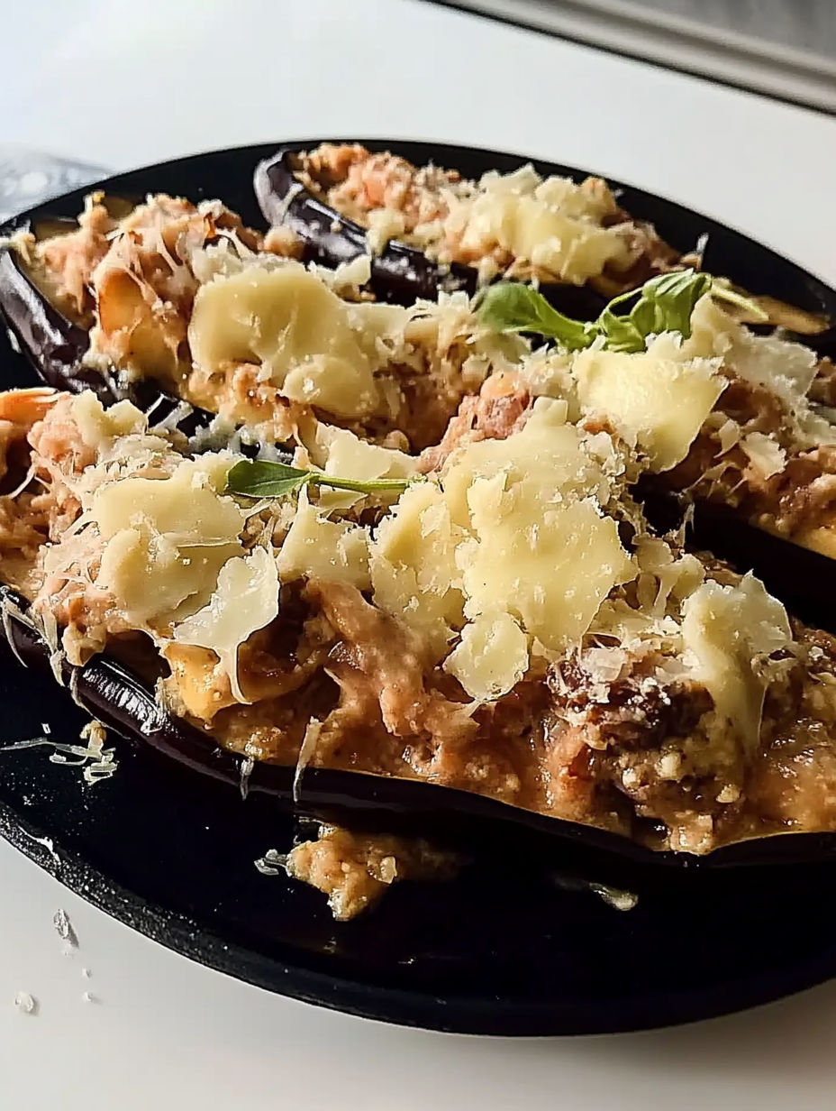 A plate of food with aubergines farcies au thon.