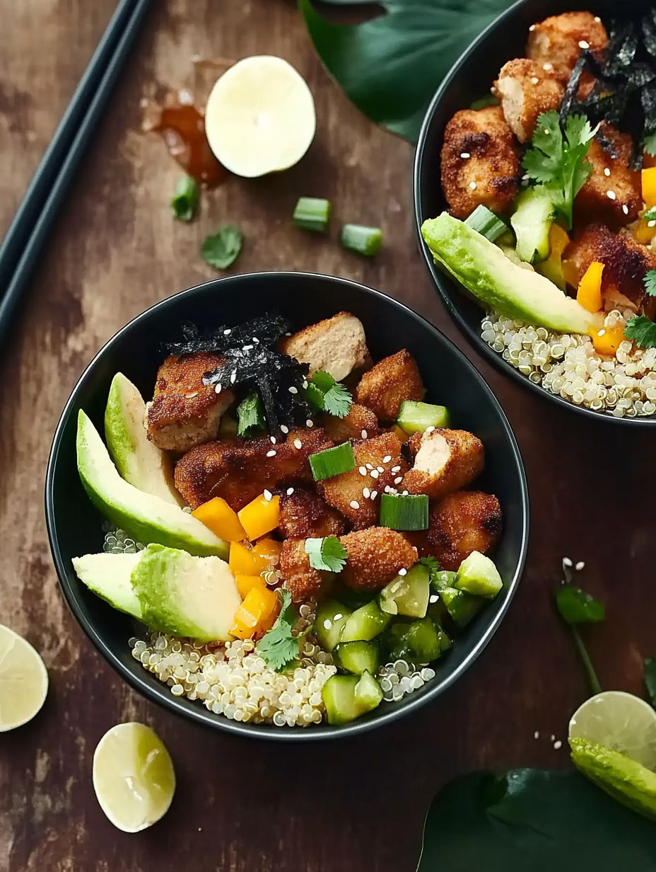 Two bowls of food with chicken and rice.