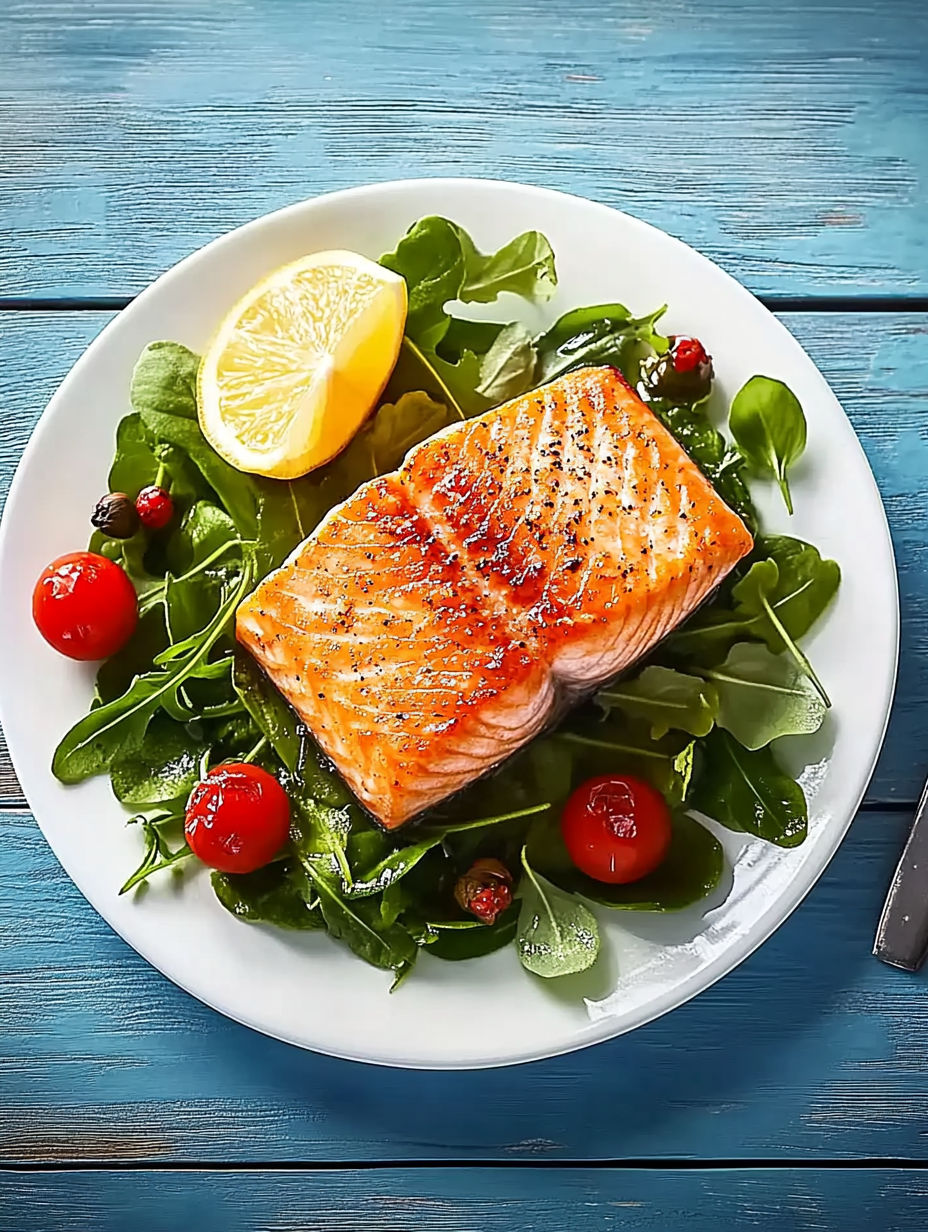 A plate of food with salad and fish.