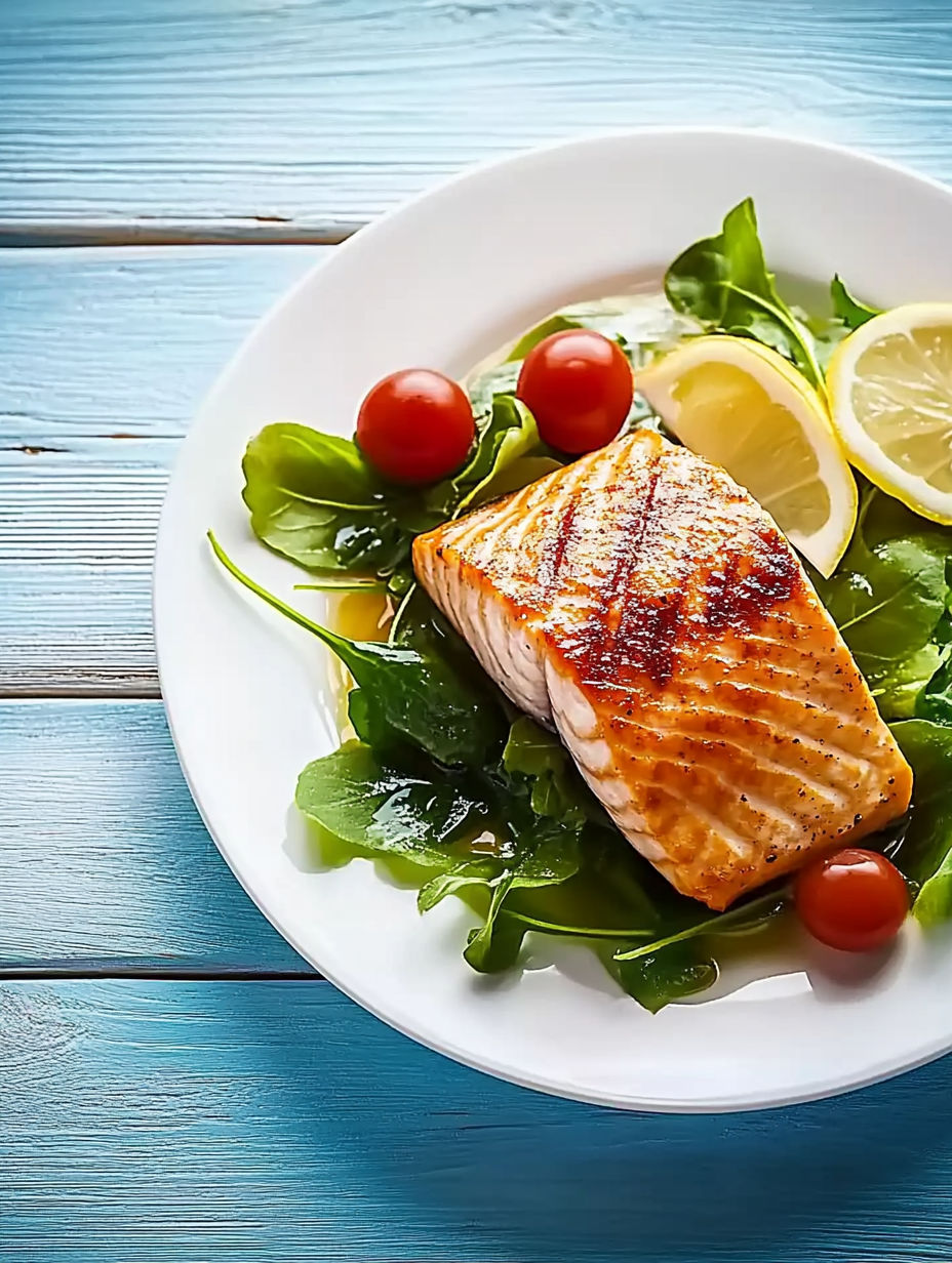 A plate of food with fish and vegetables.
