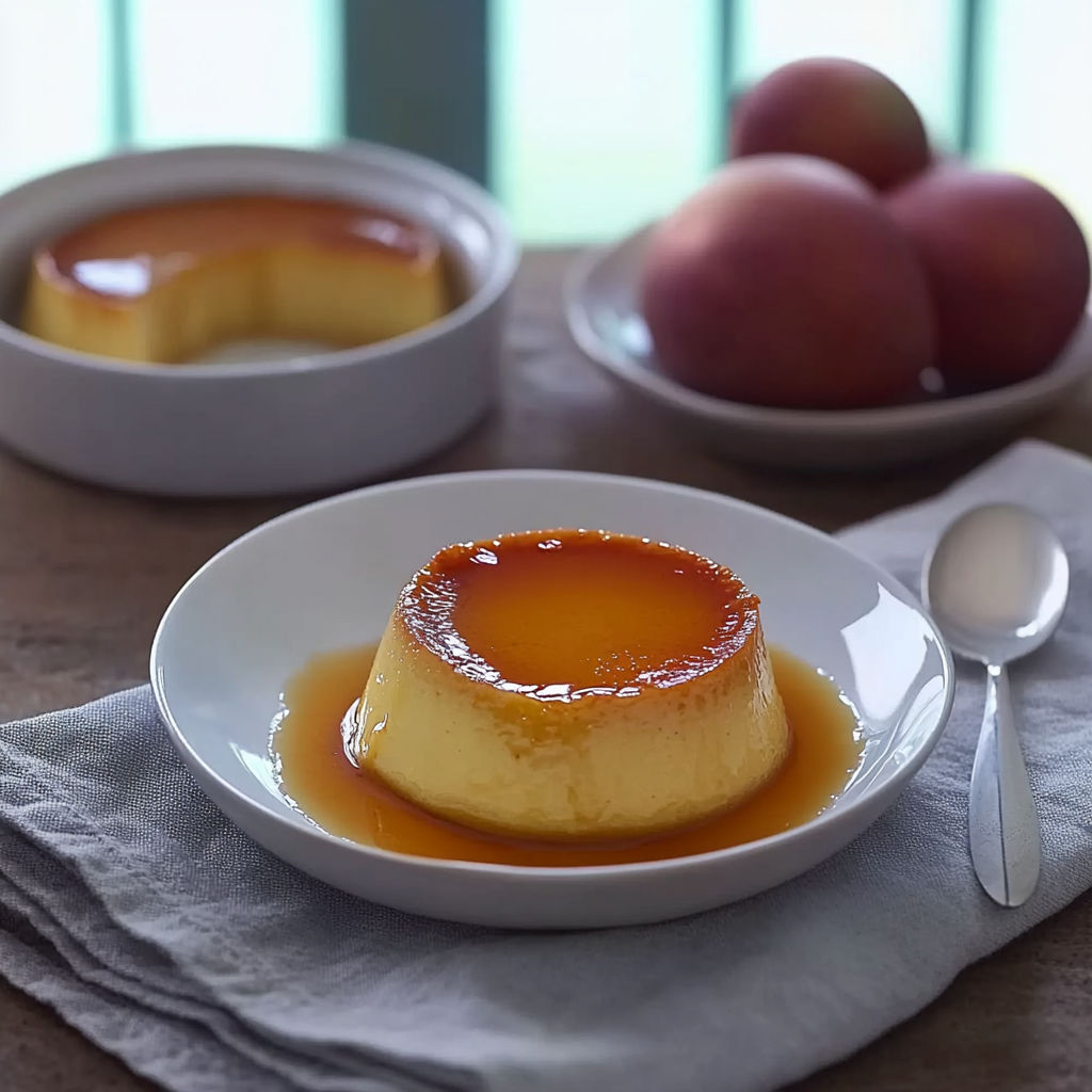 A white bowl with a flan in it.
