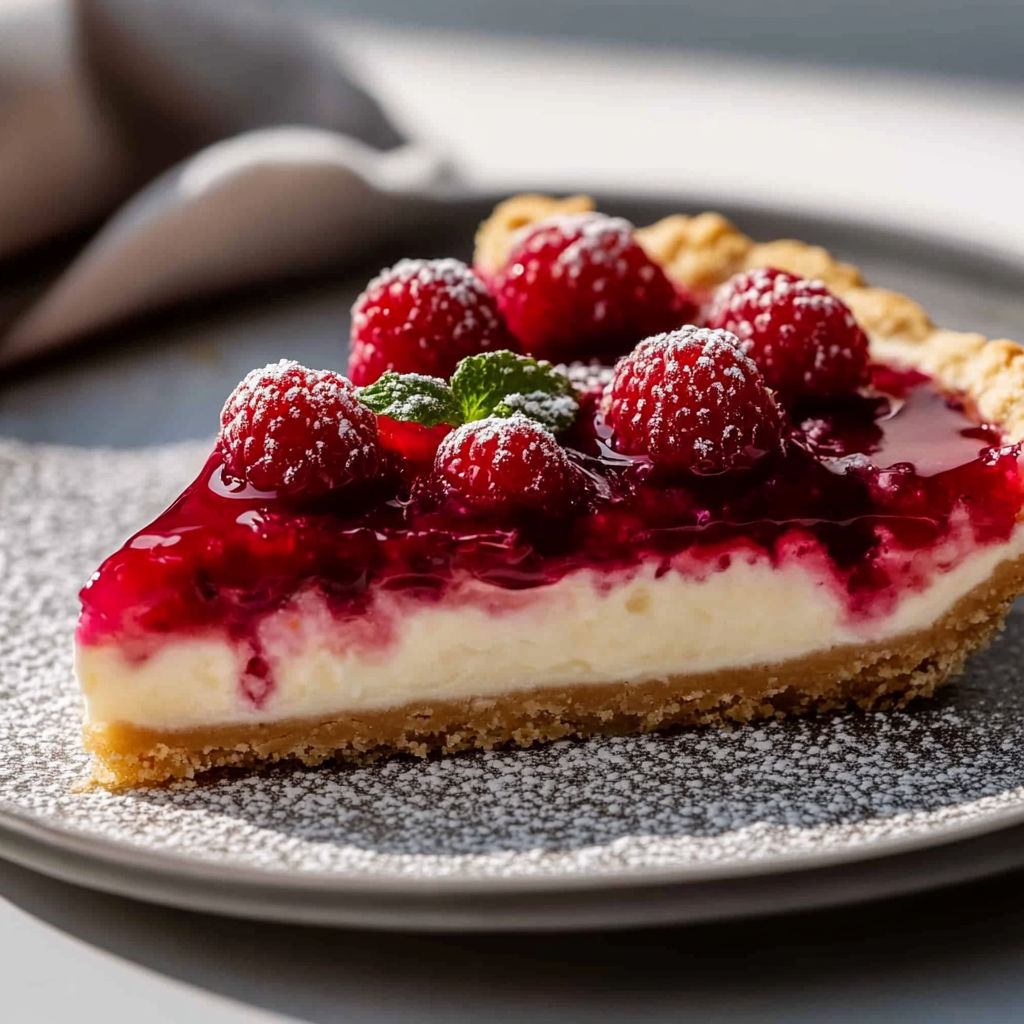A slice of tarte mascarpone et framboises.