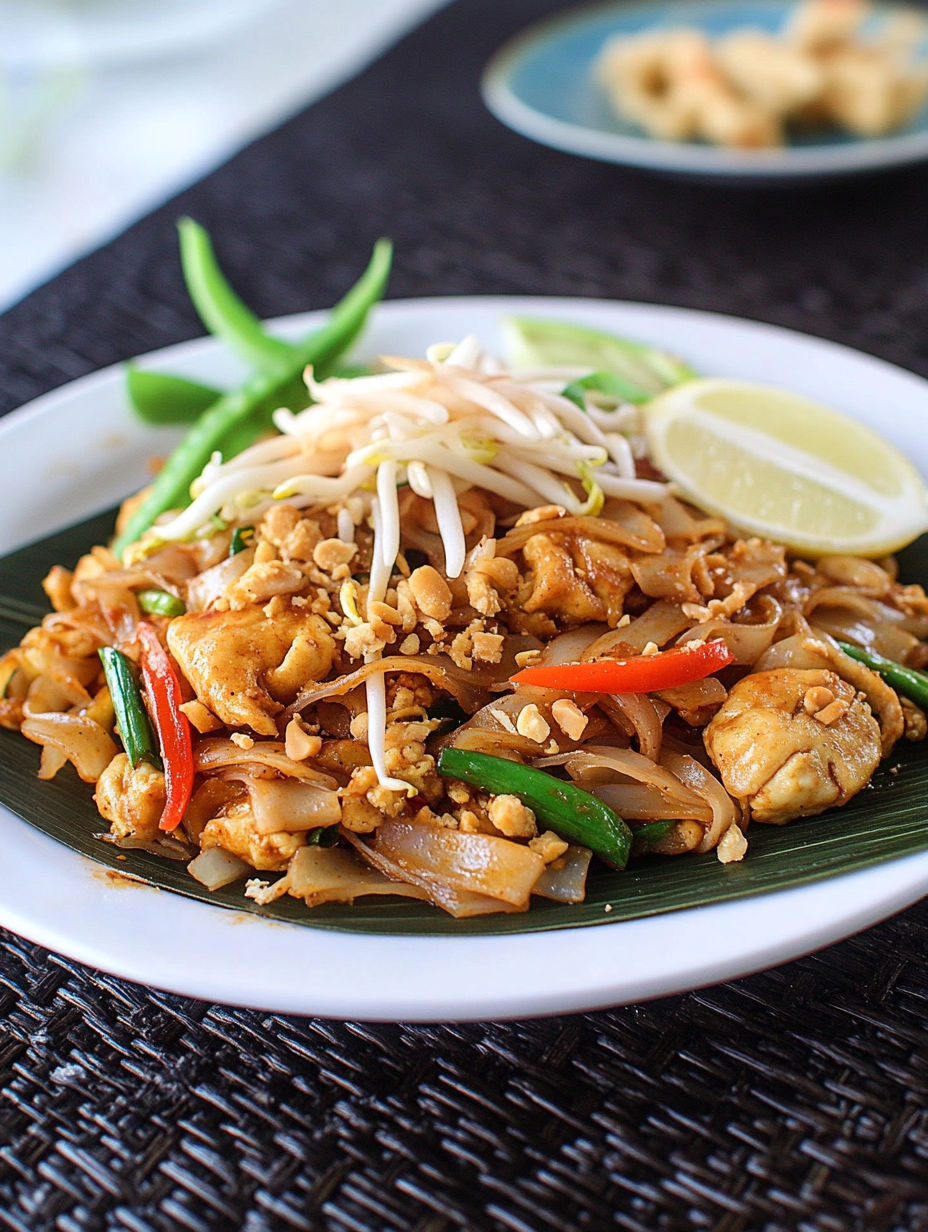 A plate of food with noodles, chicken, peppers, and lime.
