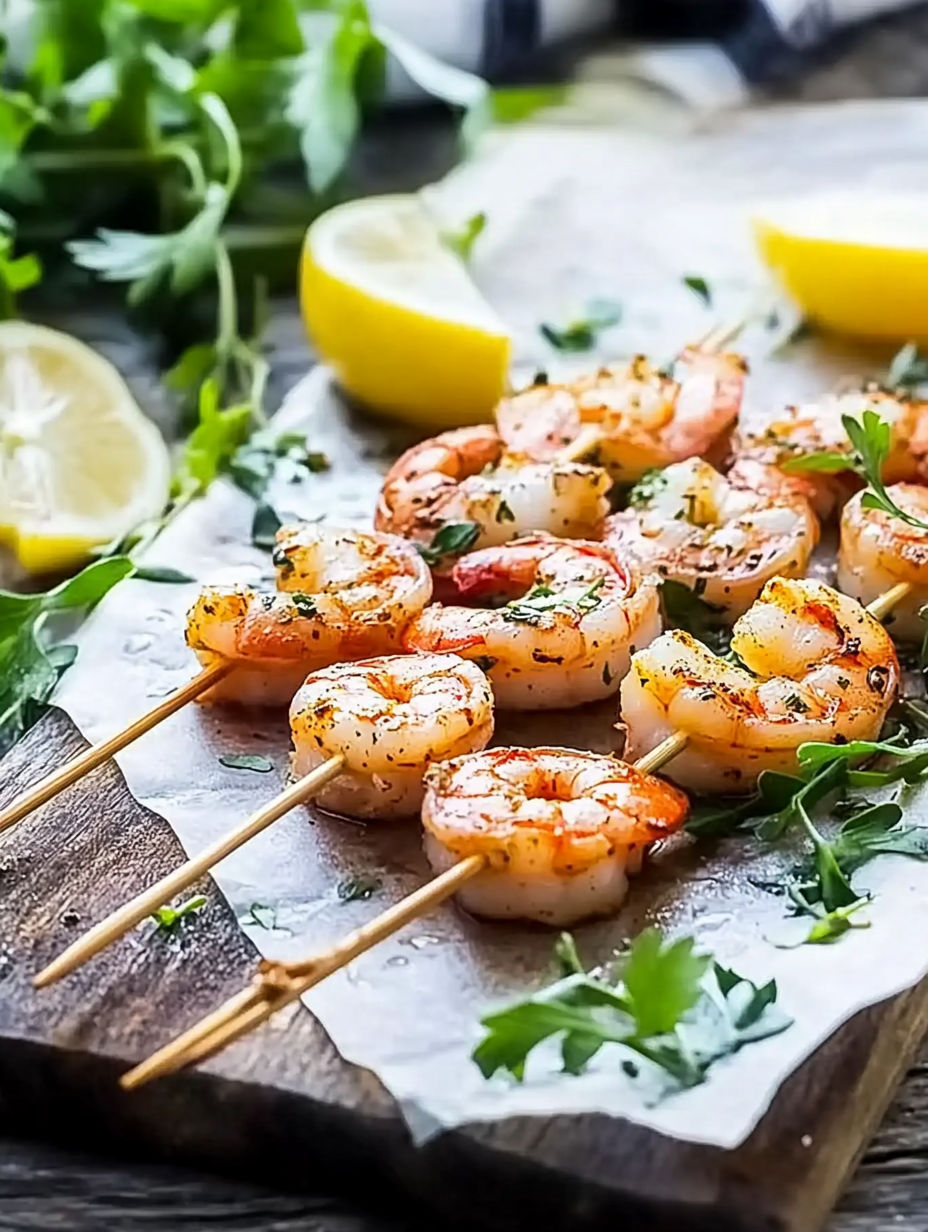 A wooden cutting board with shrimp on skewers.