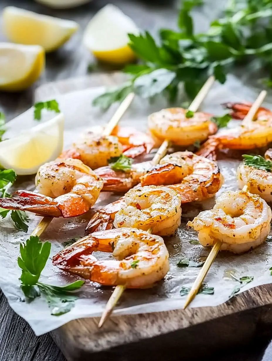 A wooden cutting board with shrimp on skewers.