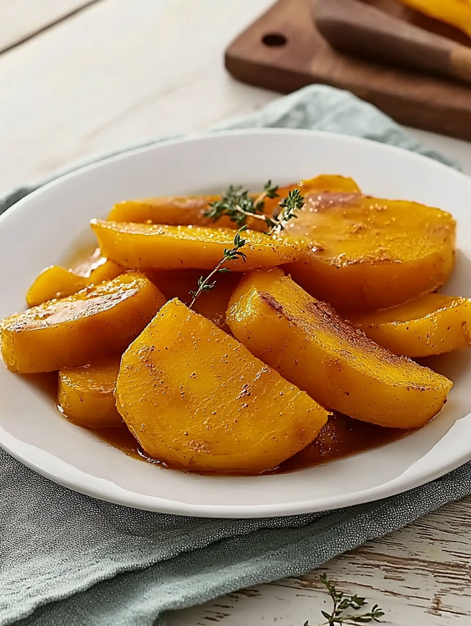A plate of roasted pears with thyme and garlic.