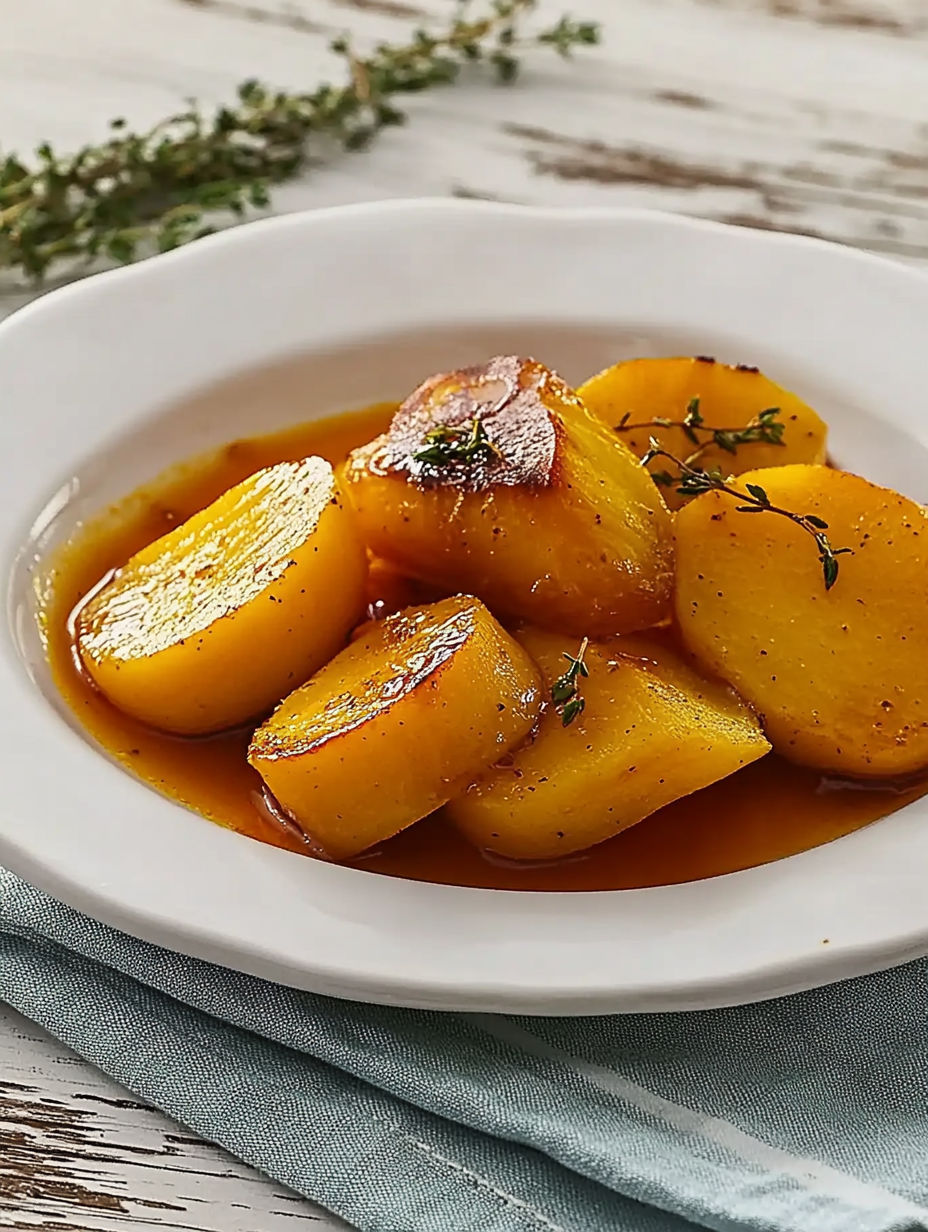 A plate of roasted potatoes with thyme and garlic.
