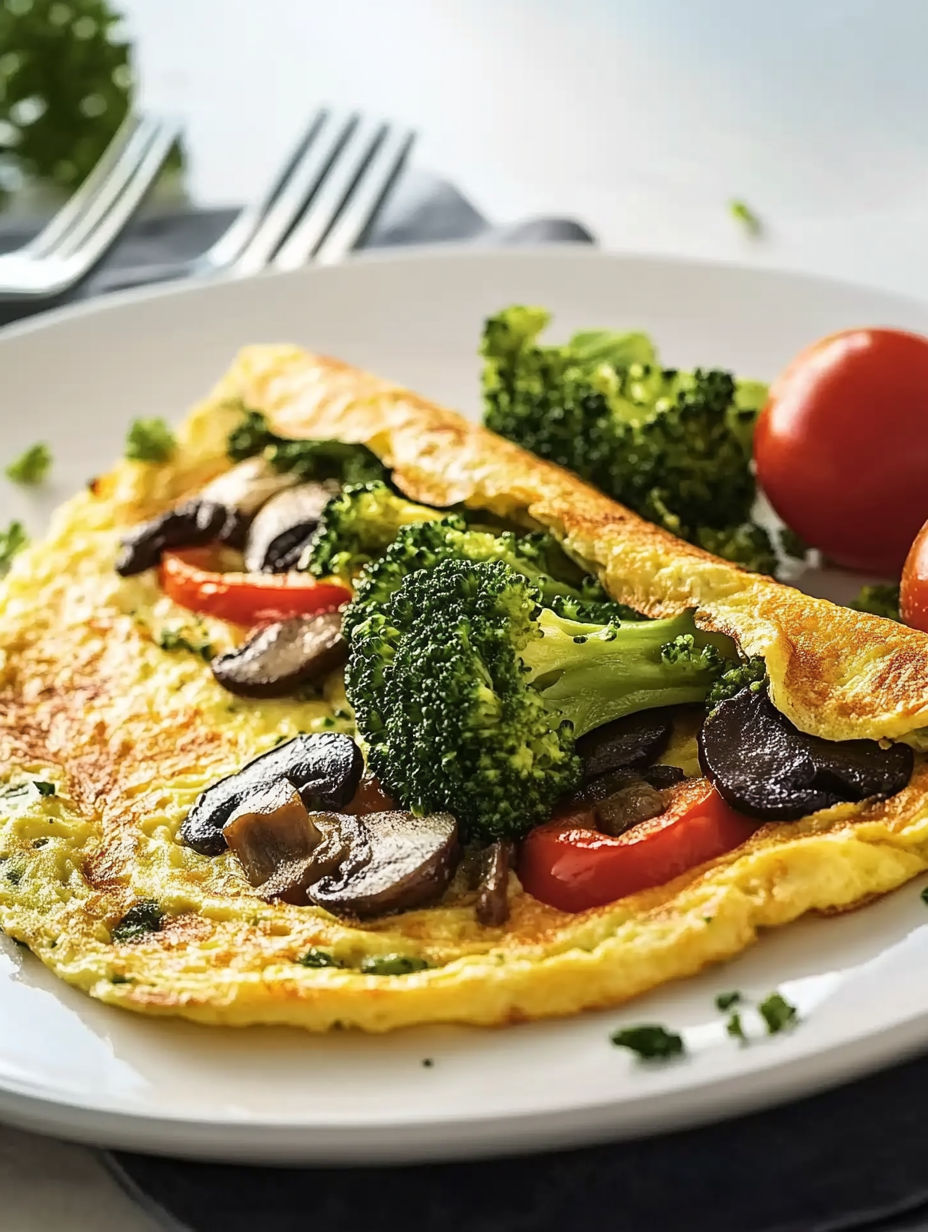 A plate of food with broccoli, tomatoes, mushrooms, and eggs.