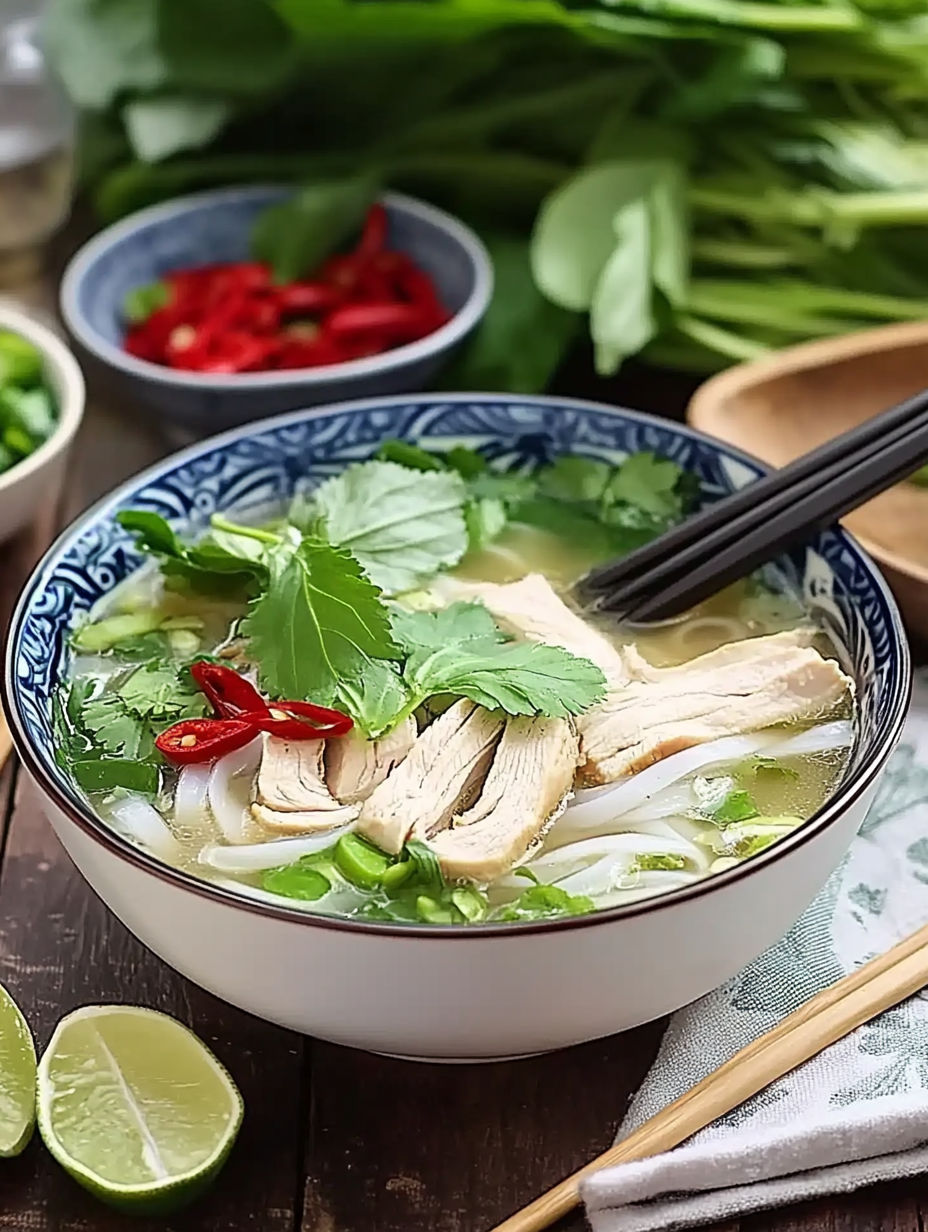 A bowl of soup with chicken and vegetables.