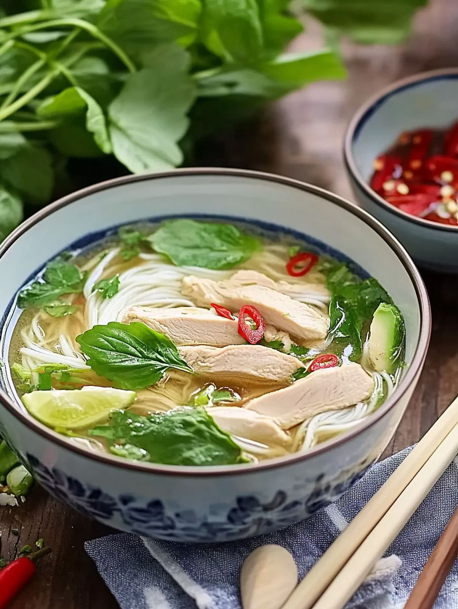 A bowl of soup with chicken and vegetables.