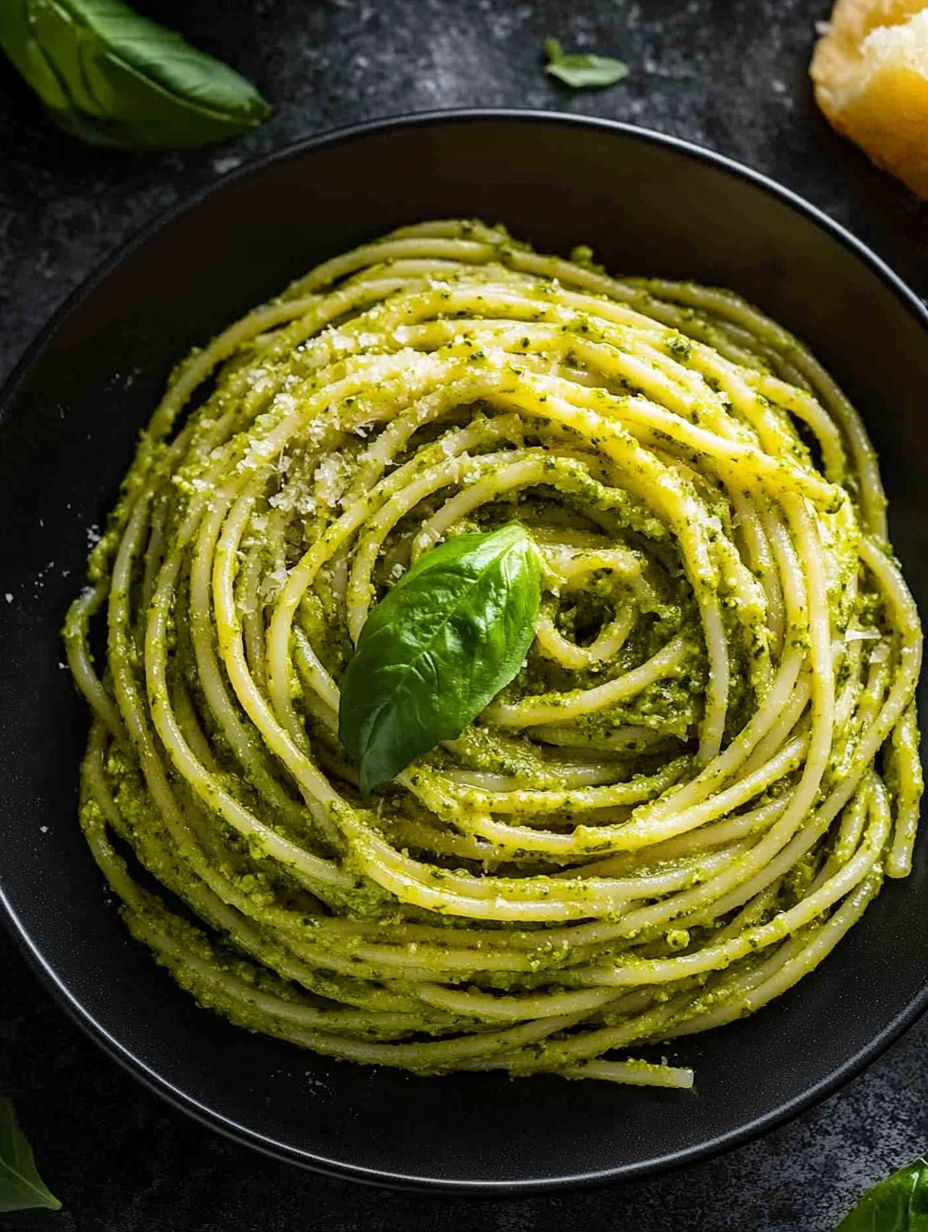 A bowl of pasta with a green vegetable on top.