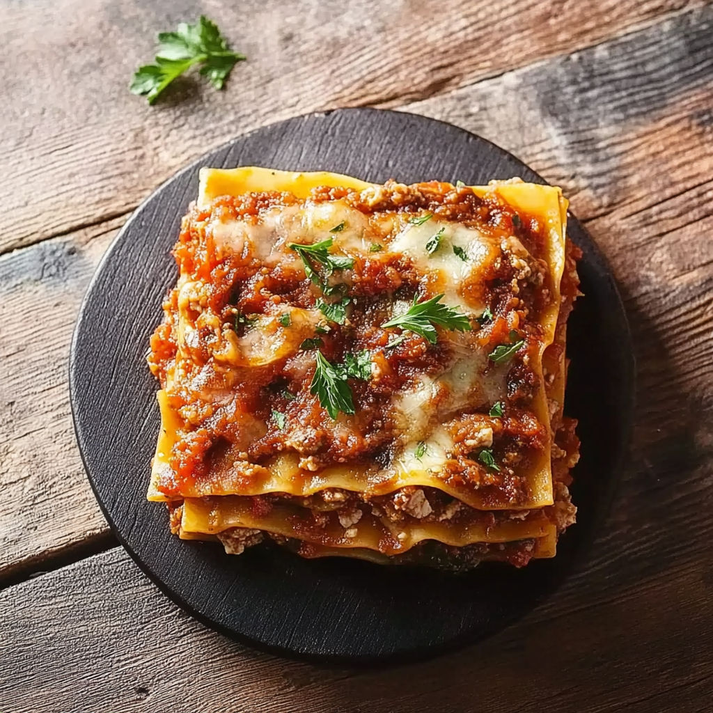 A square of lasagna on a black plate.