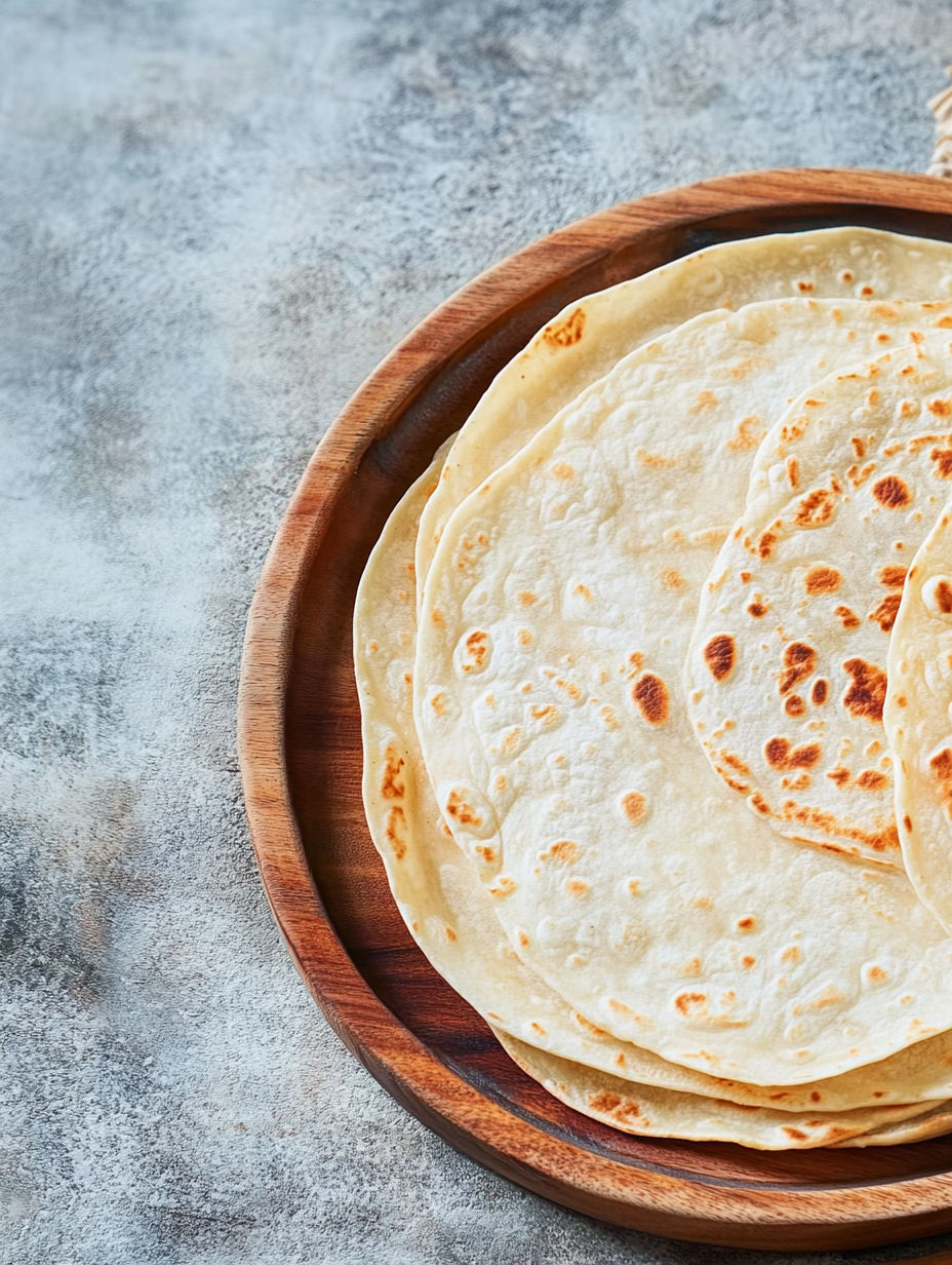 A wooden tray with four tortillas on it.
