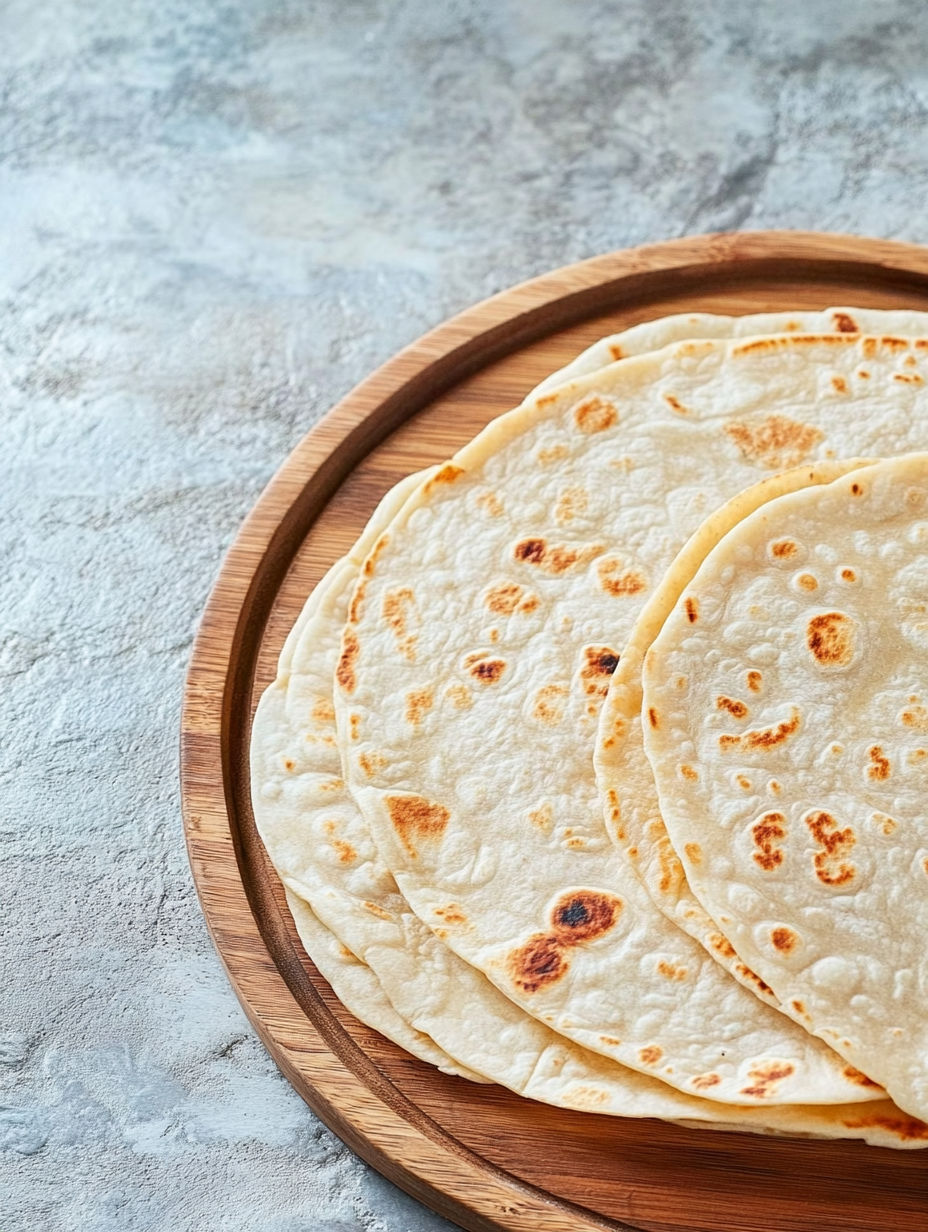 A wooden tray with four tortillas on it.