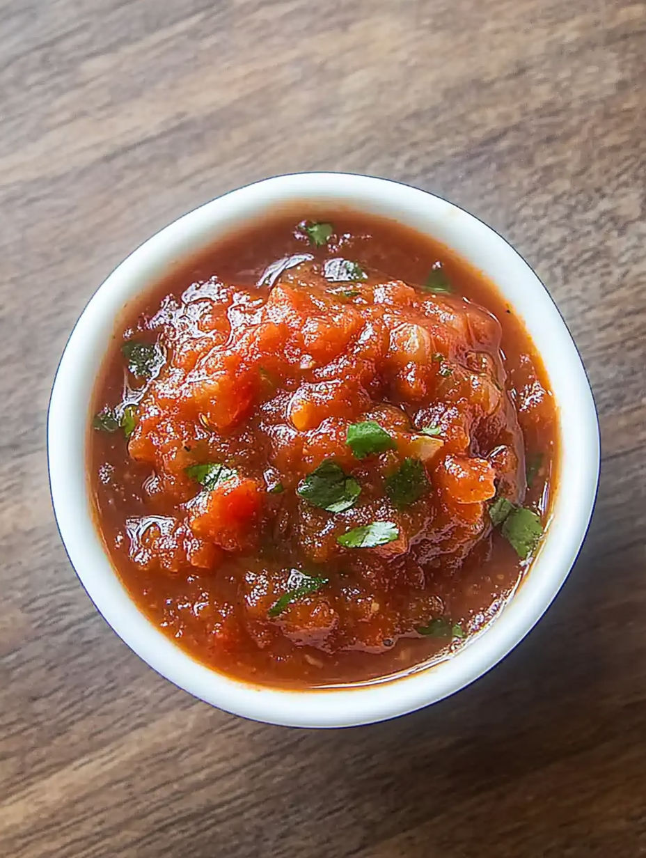 A bowl of red sauce with green herbs.