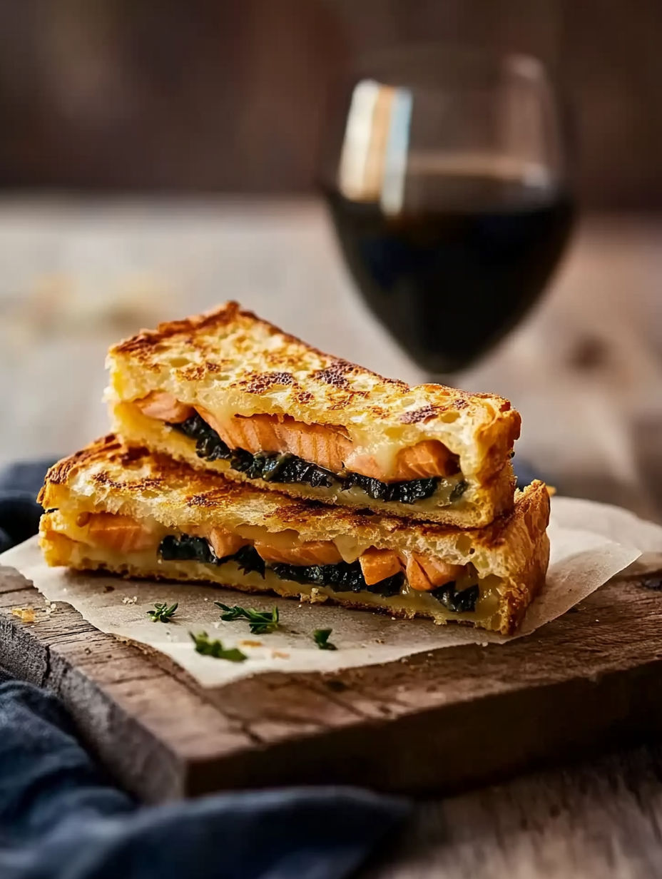 A sandwich with fish and greens on a wooden table.