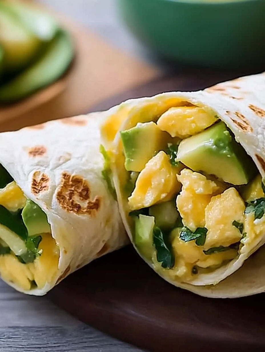 A burrito with eggs and avocado.