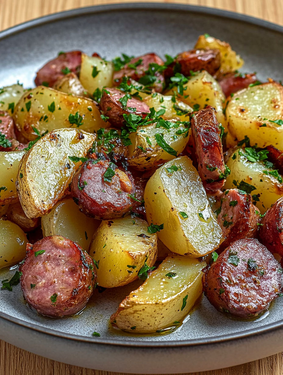 A plate of food with potatoes, sausage, and herbs.