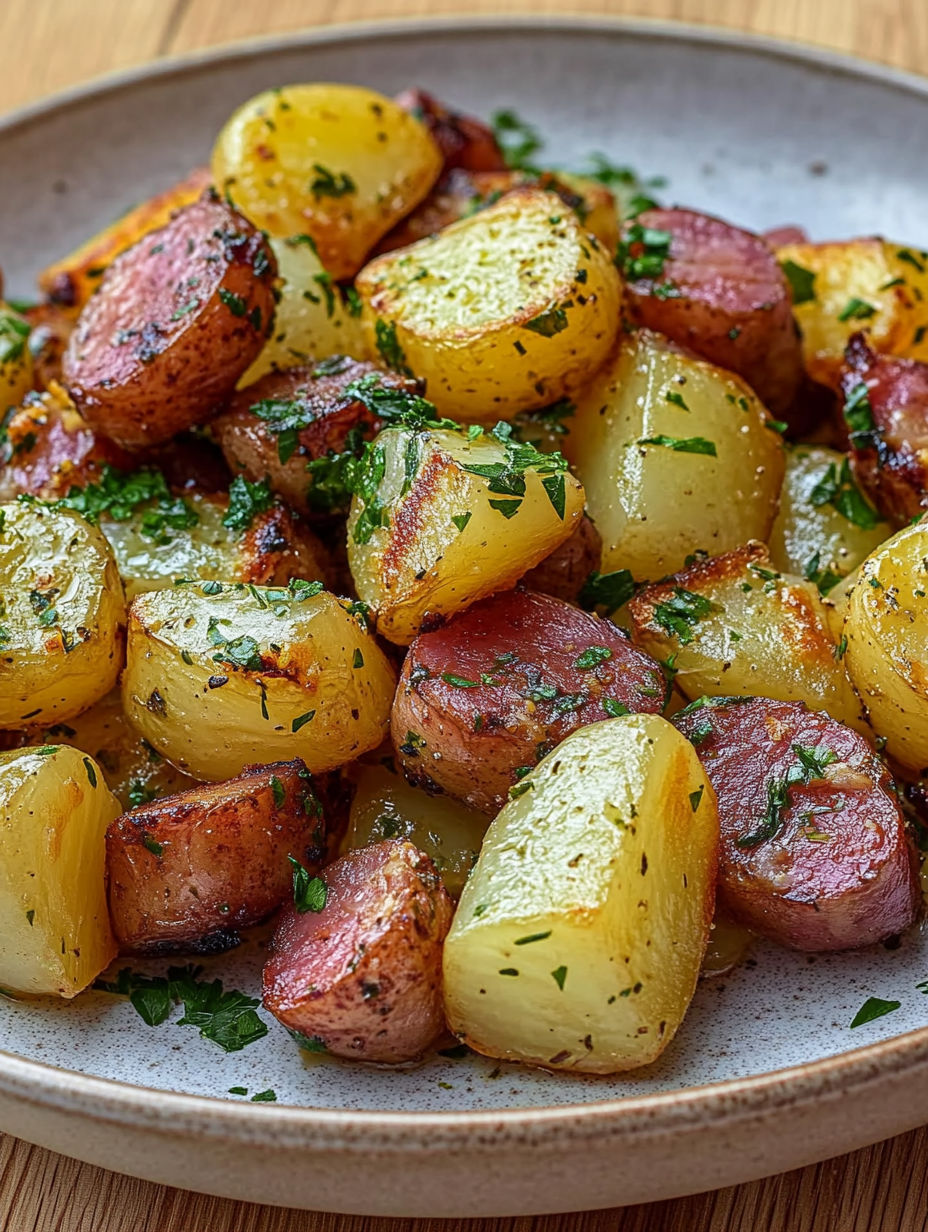 A plate of cooked potatoes with herbs.