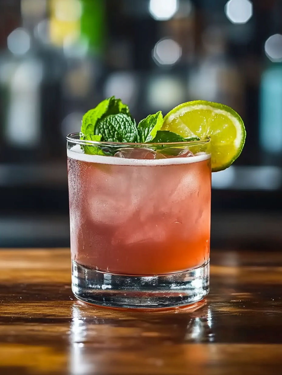 A glass of pink cocktail with a lime wedge on the side.