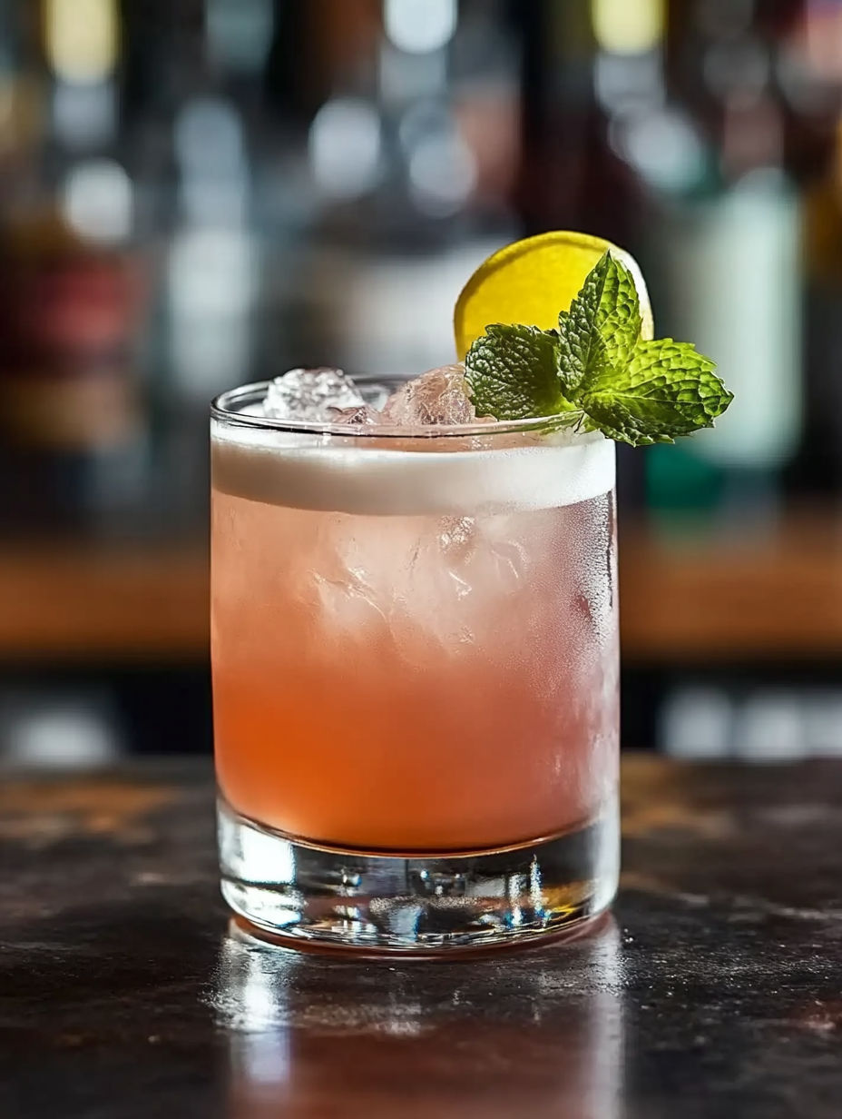 A glass of pink cocktail with a lemon wedge on top.