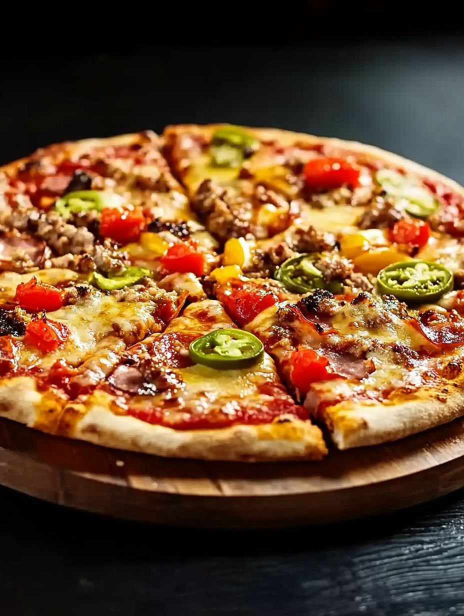 A pizza with various toppings on a wooden board.