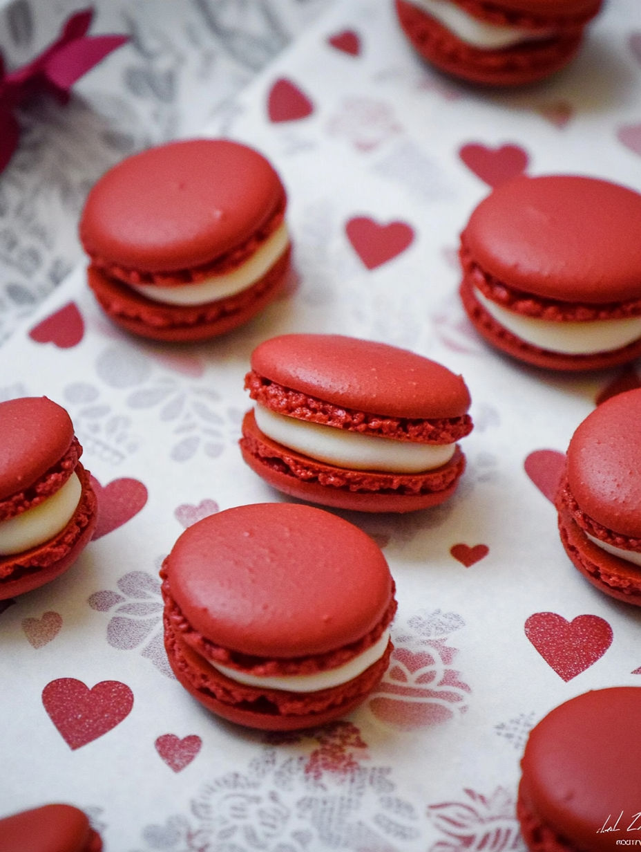 A close up of a red and white macaron.