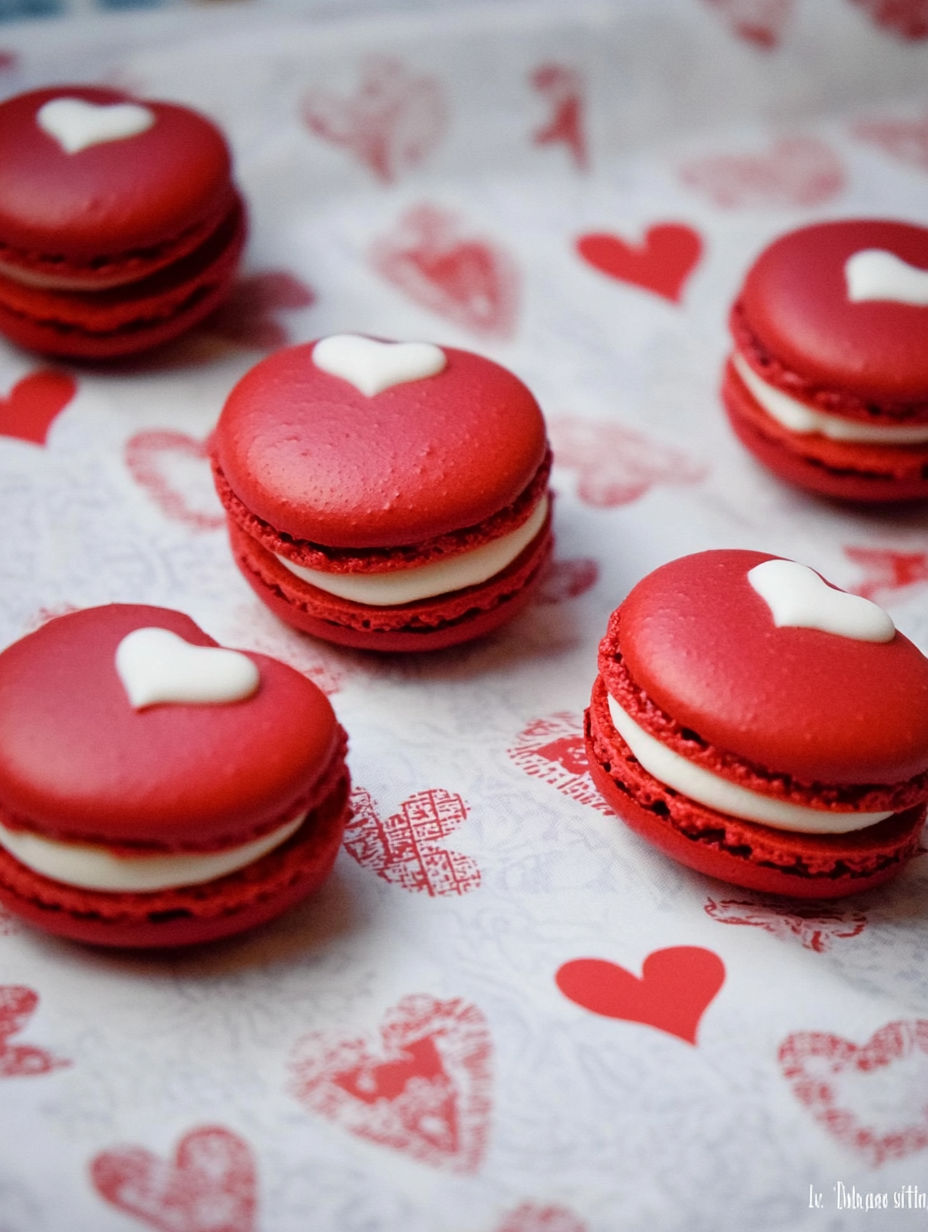 A close up of a red heart shaped macaron.