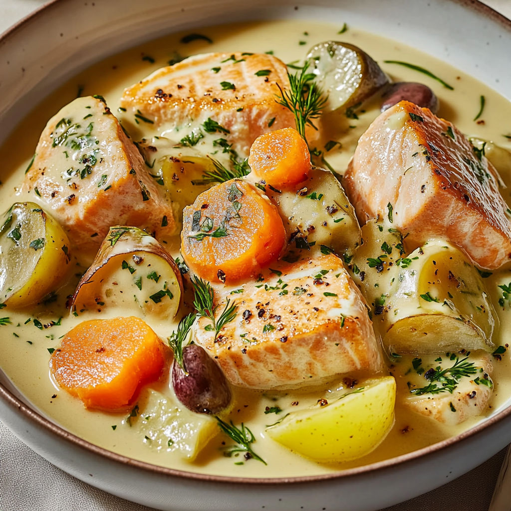 A bowl of food with fish and vegetables.