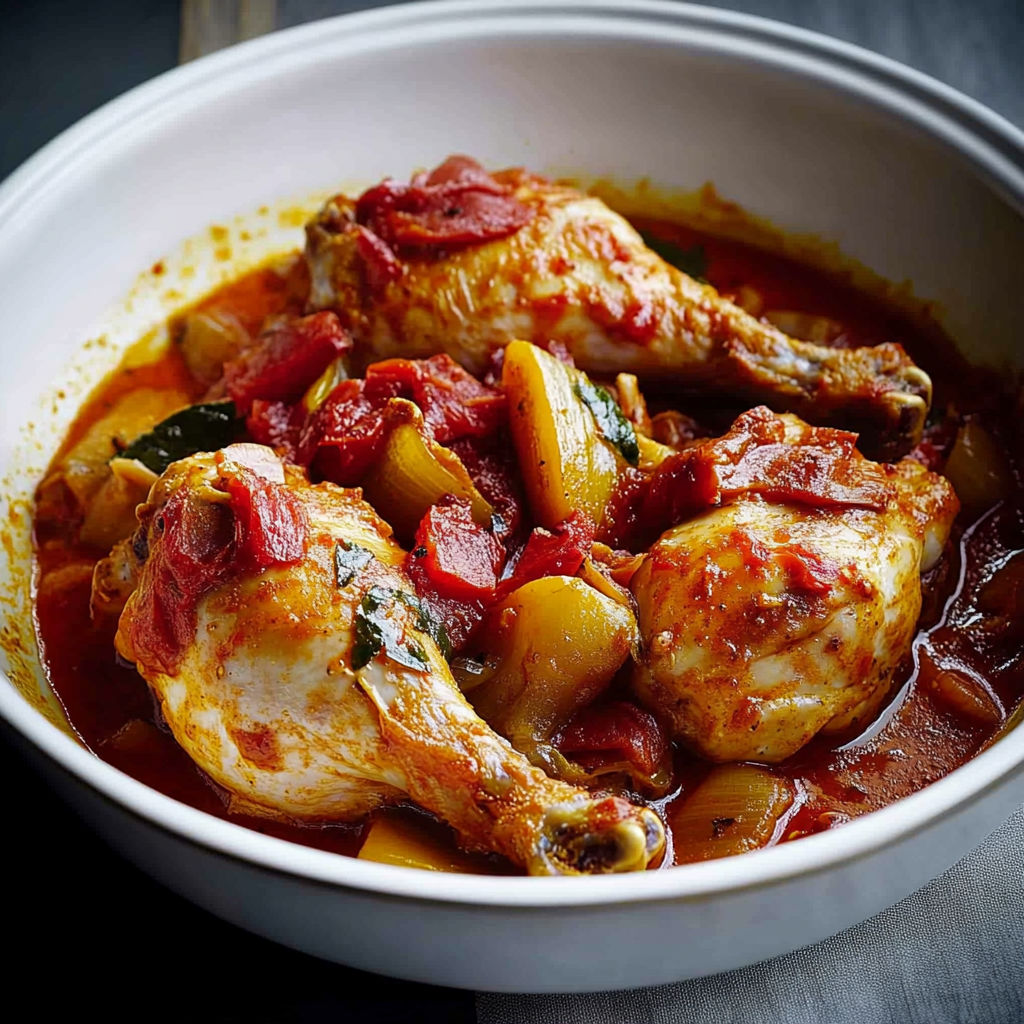 A bowl of chicken with tomatoes and peppers.