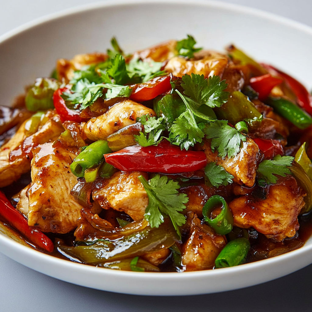 A bowl of chicken with peppers and onions.