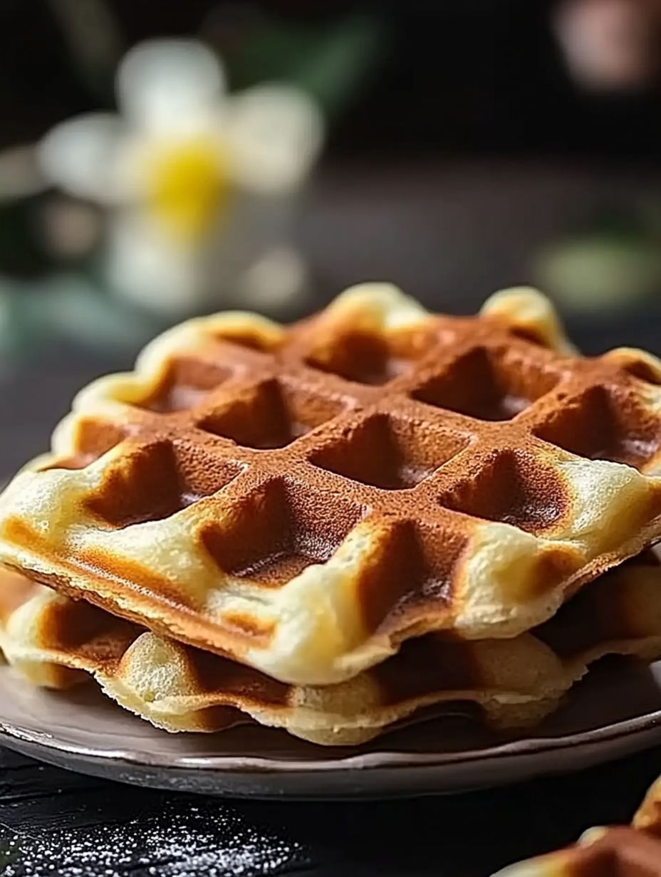 A stack of waffles with a yellow flower in the background.