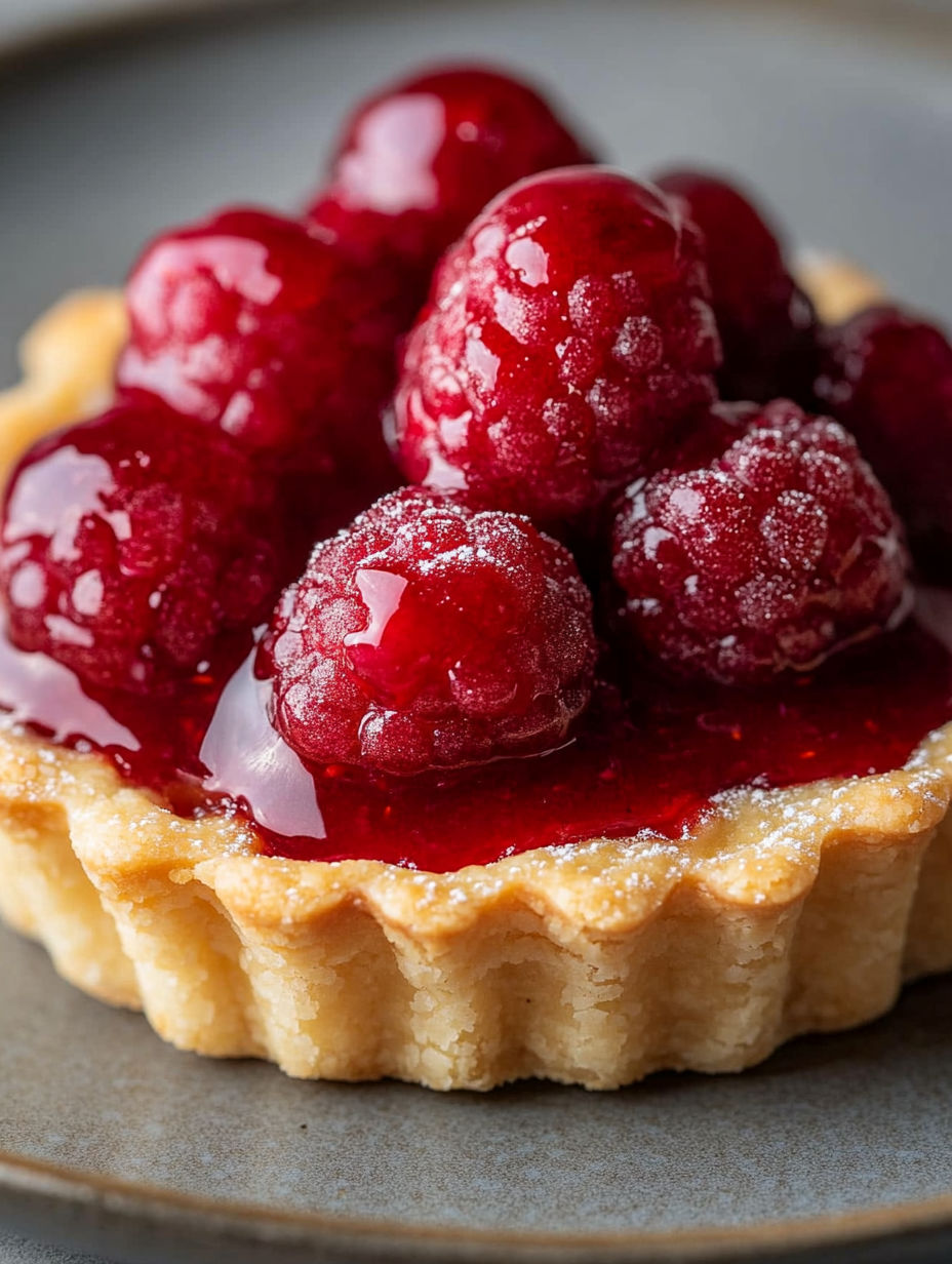 A close up of a raspberry tart with a red sauce.