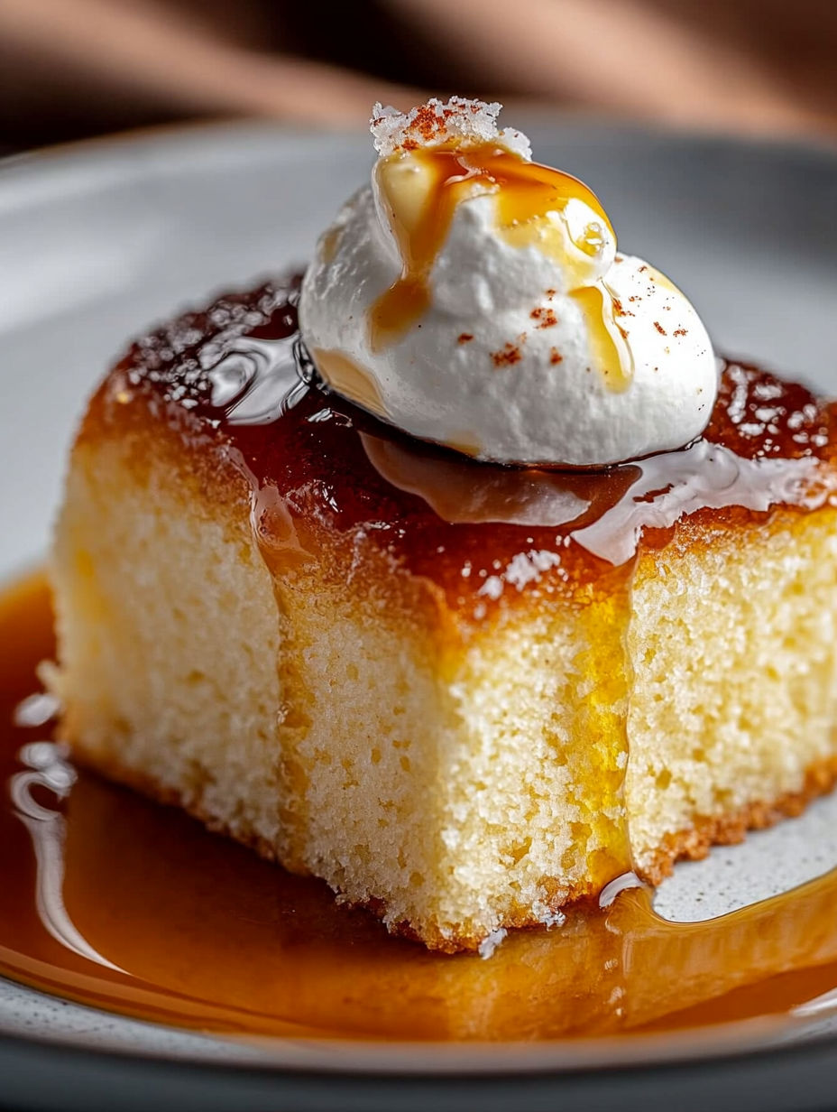 A slice of cake with a dollop of whipped cream on top.