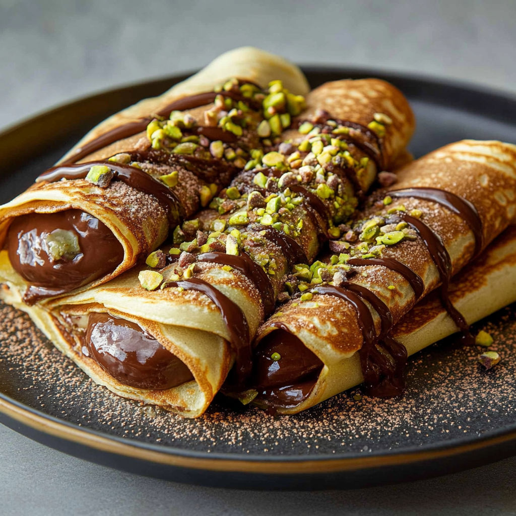 A plate of crêpes with chocolate and pistachio toppings.