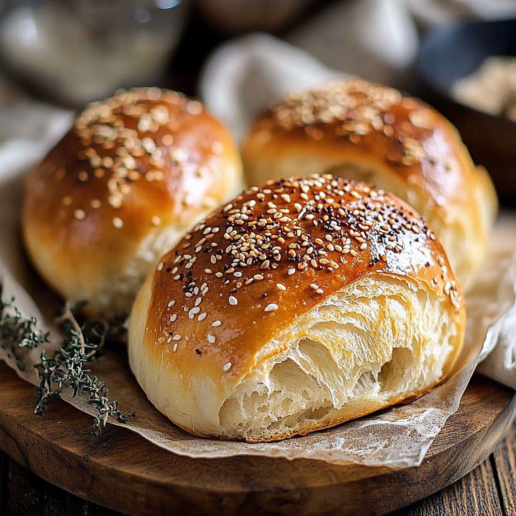 Three rolls of bread with seeds on top.