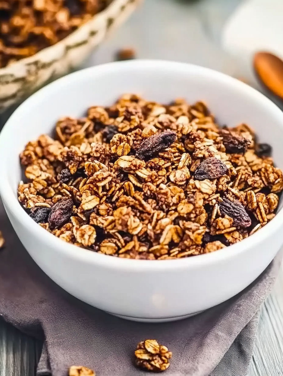 A bowl of cereal with raisins.