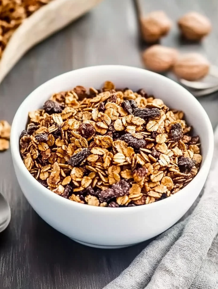 A bowl of cereal with raisins and nuts.