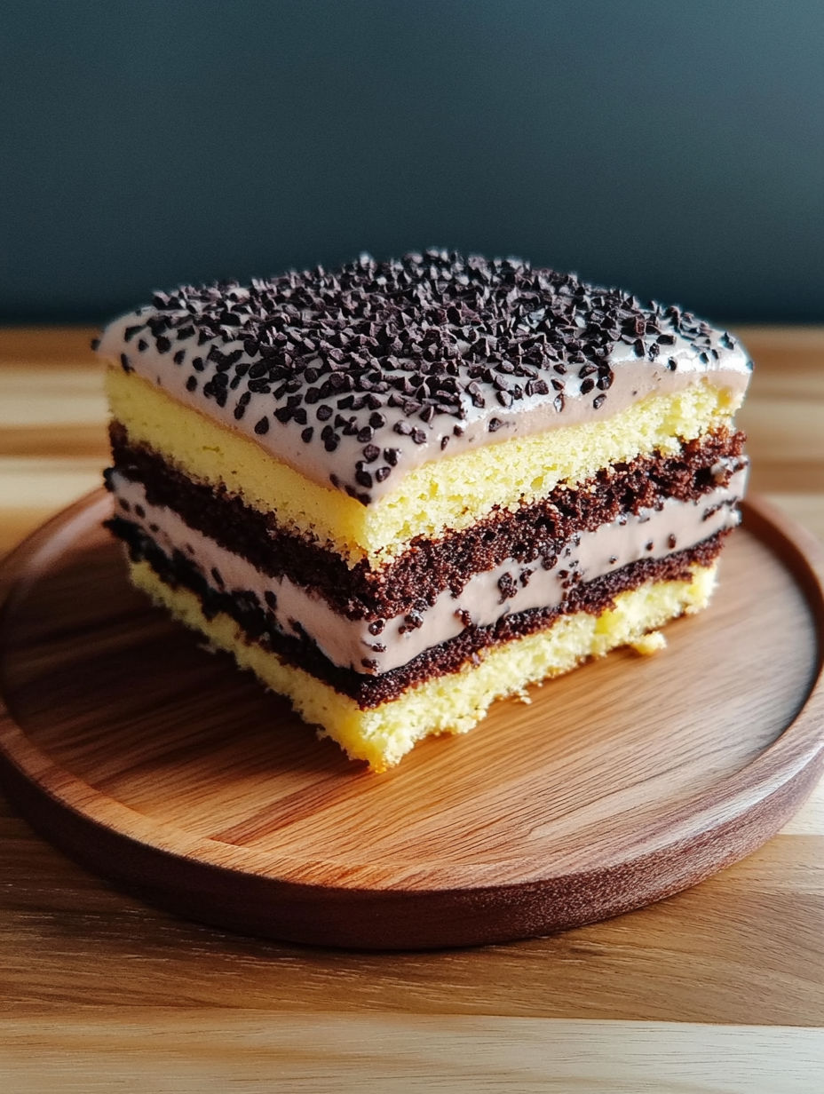 A slice of cake with chocolate and vanilla frosting.