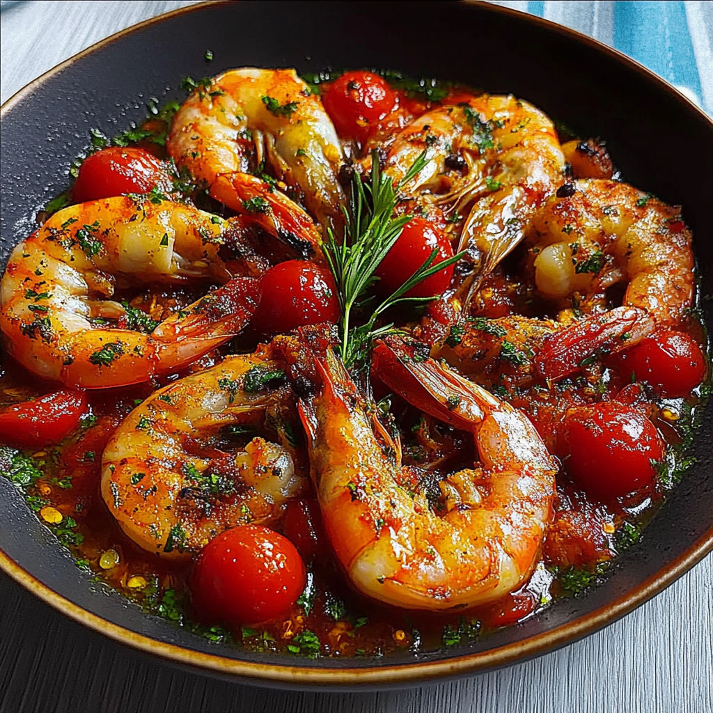 A bowl of shrimp and tomatoes.