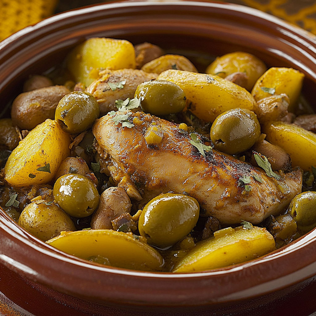 A bowl of food with chicken, potatoes and olives.