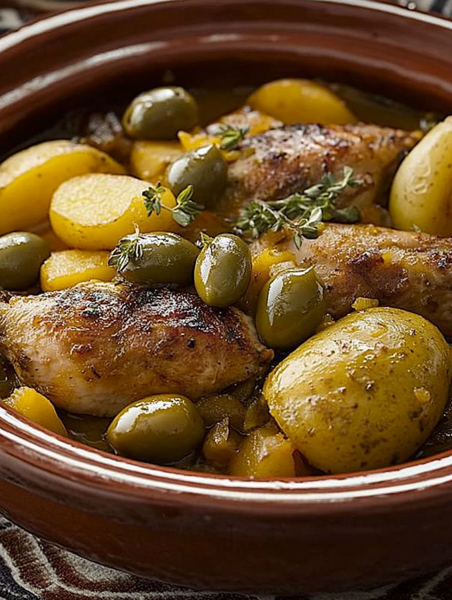 A bowl of chicken, potatoes and olives.